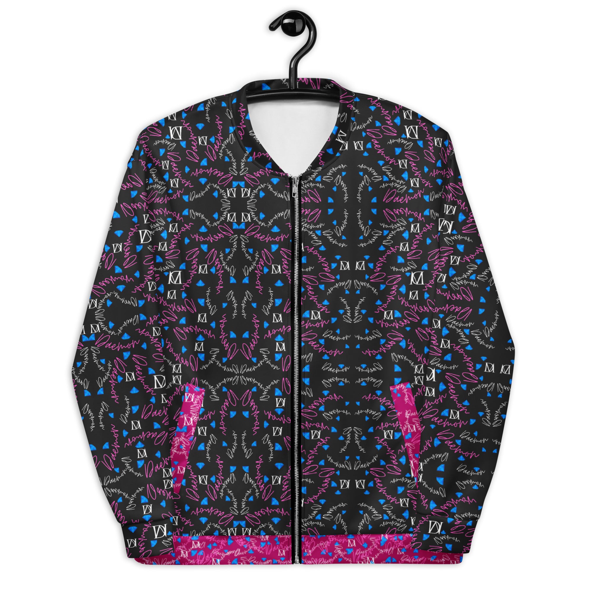Unisex white bomber jacket with all-over Picasso Mirrors magnetic reflections print by Daemon Luxury, front view.