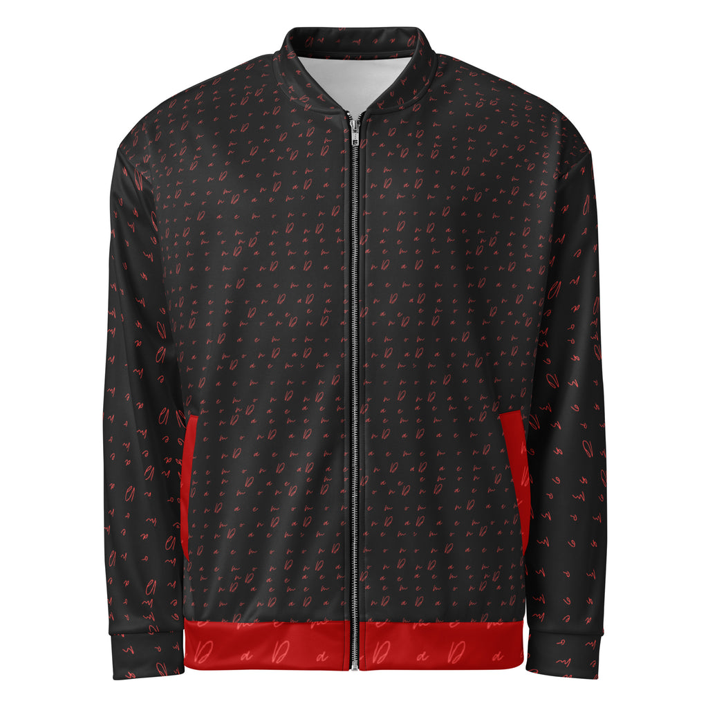 All-over print white unisex bomber jacket featuring Picasso Mirrors artwork by Daemon Luxury, front view.