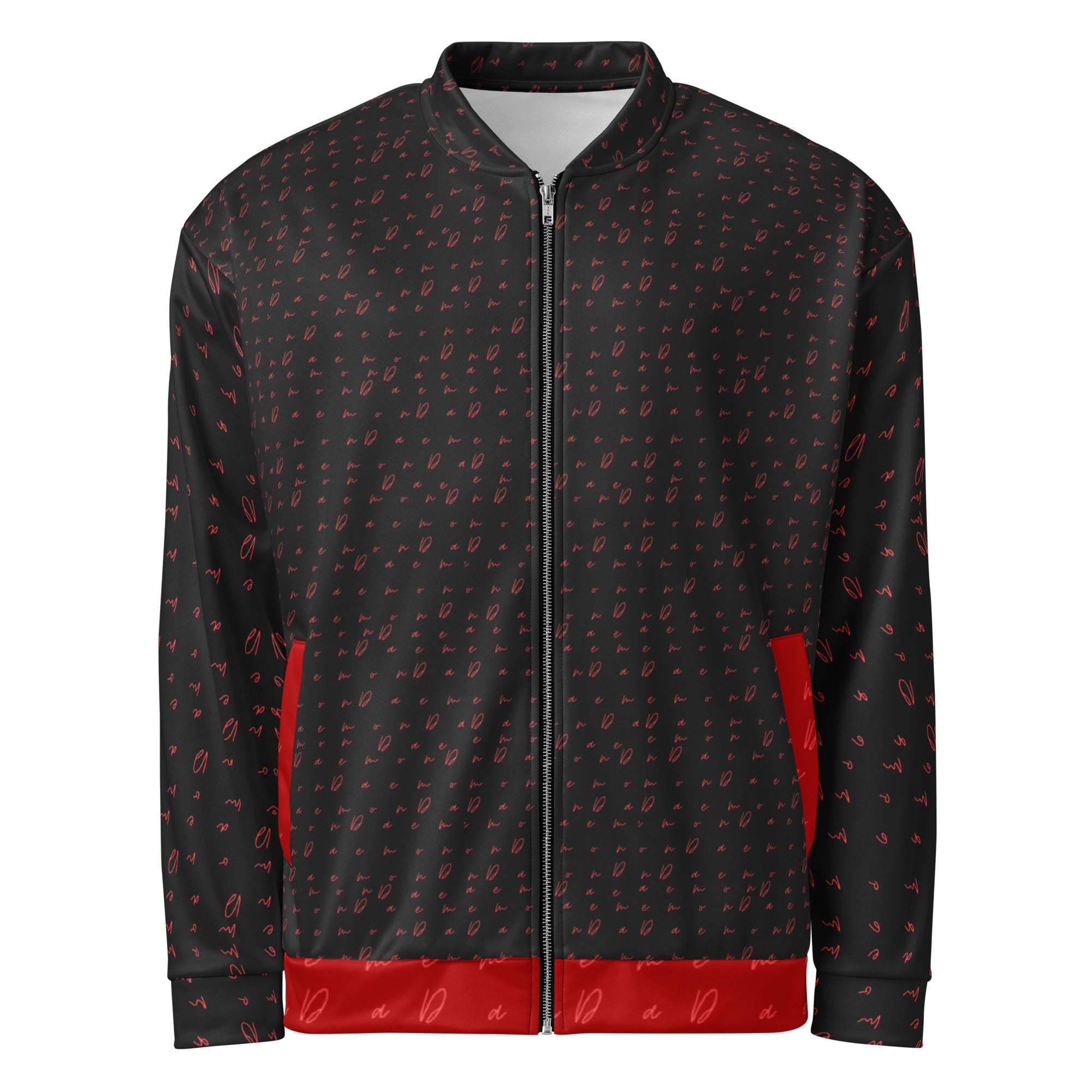 All-over print white unisex bomber jacket featuring Picasso Mirrors artwork by Daemon Luxury, front view.