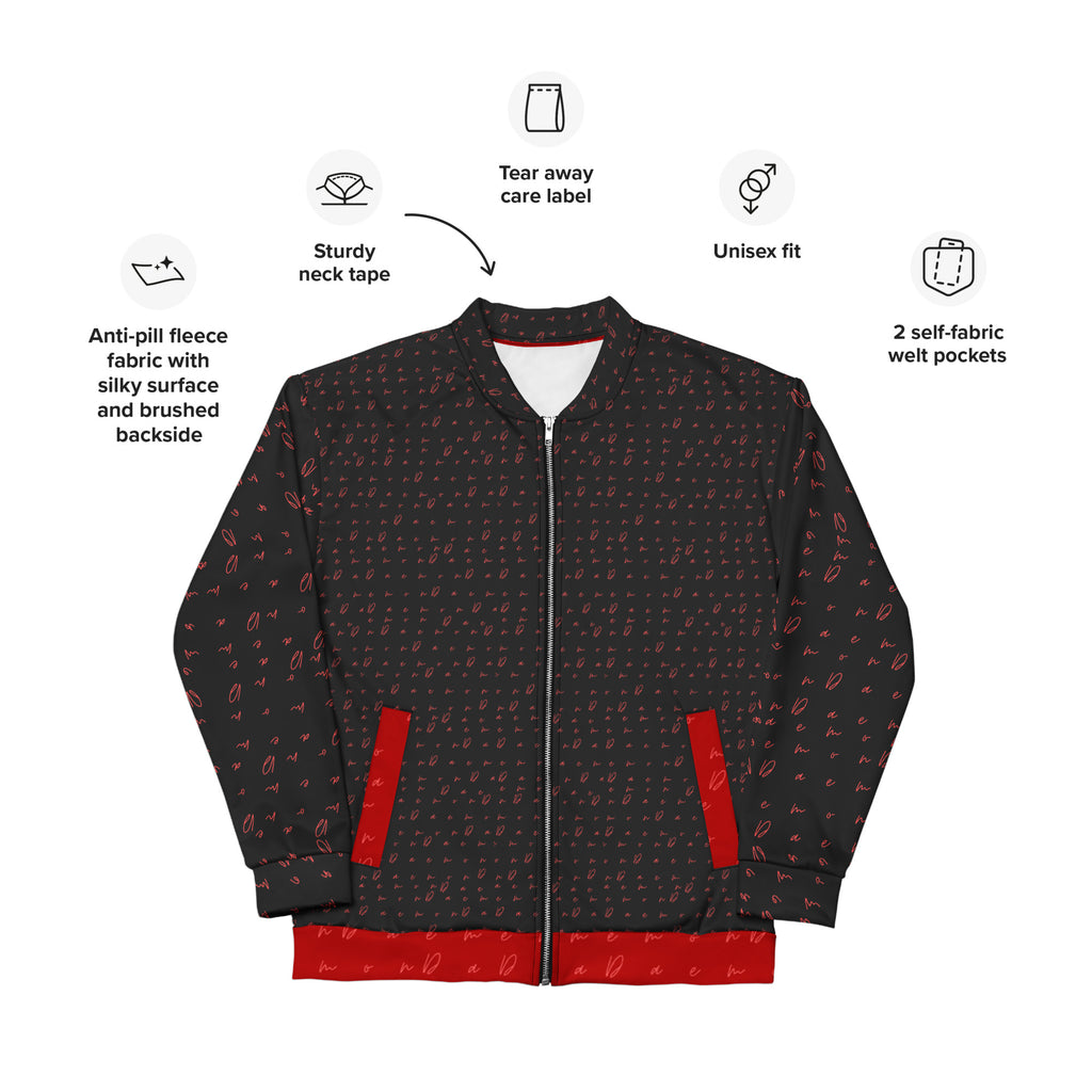 All-over print unisex bomber jacket with Picasso Mirrors design in white, featuring a front view and stylish modern style.