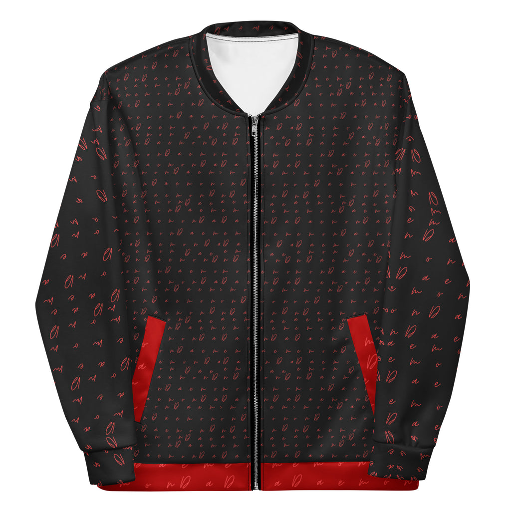 Unisex bomber jacket with all-over Picasso Mirrors WEBBI DAIMIN print in white, front view, stylish and modern design by Daemon Luxury.