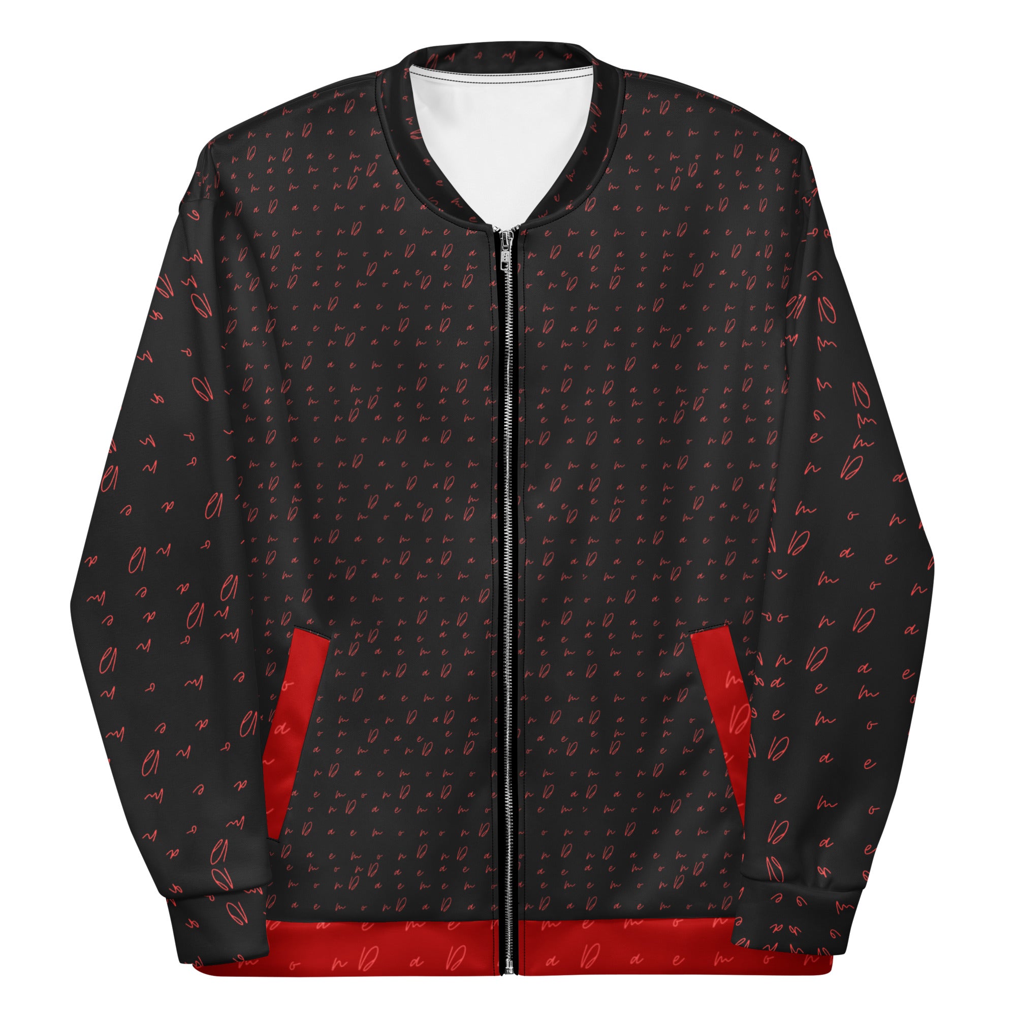 Unisex bomber jacket with all-over Picasso Mirrors WEBBI DAIMIN print in white, front view, stylish and modern design by Daemon Luxury.