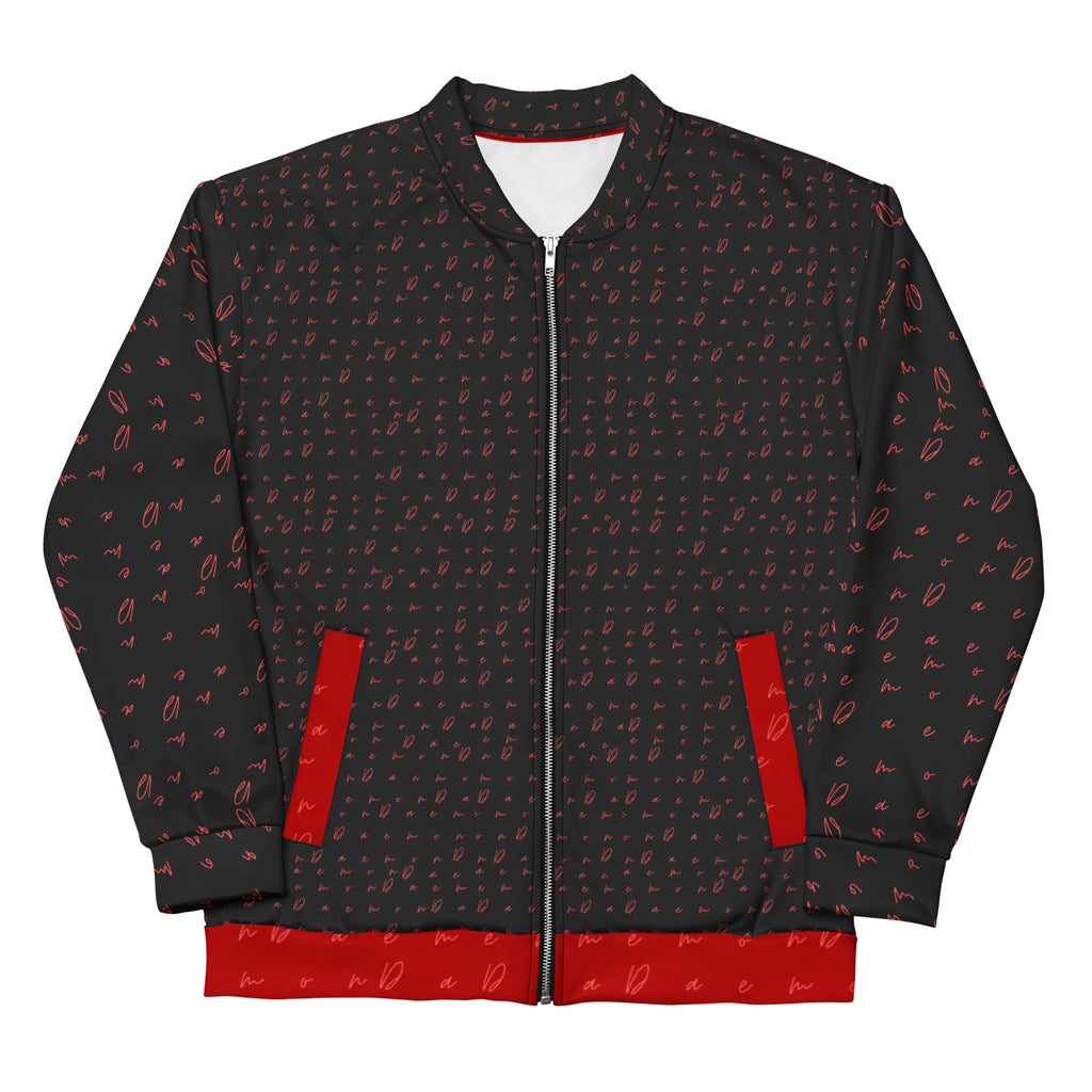 Unisex white bomber jacket with all-over Picasso Mirrors WEBBI DAIMIN print by Daemon Luxury, front view.
