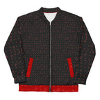 Unisex white bomber jacket with all-over Picasso Mirrors WEBBI DAIMIN print by Daemon Luxury, front view.