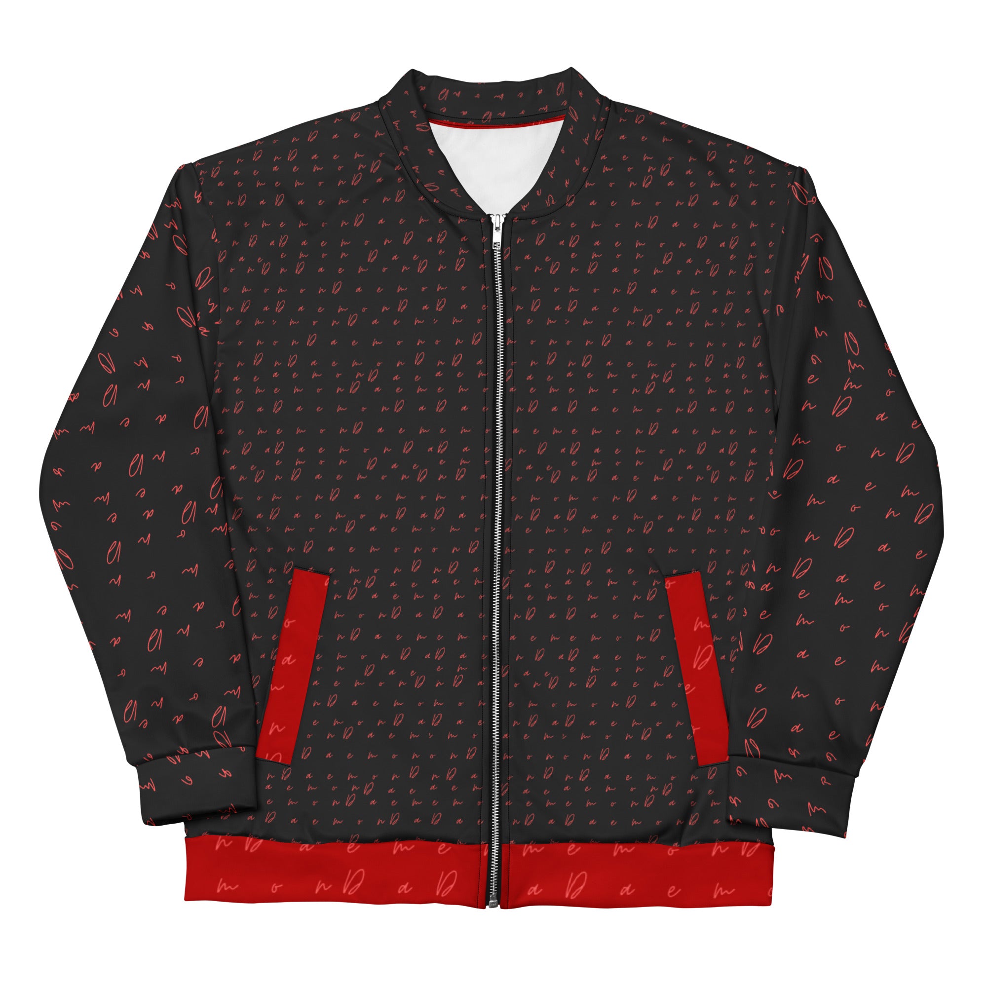 Unisex white bomber jacket with all-over Picasso Mirrors WEBBI DAIMIN print by Daemon Luxury, front view.