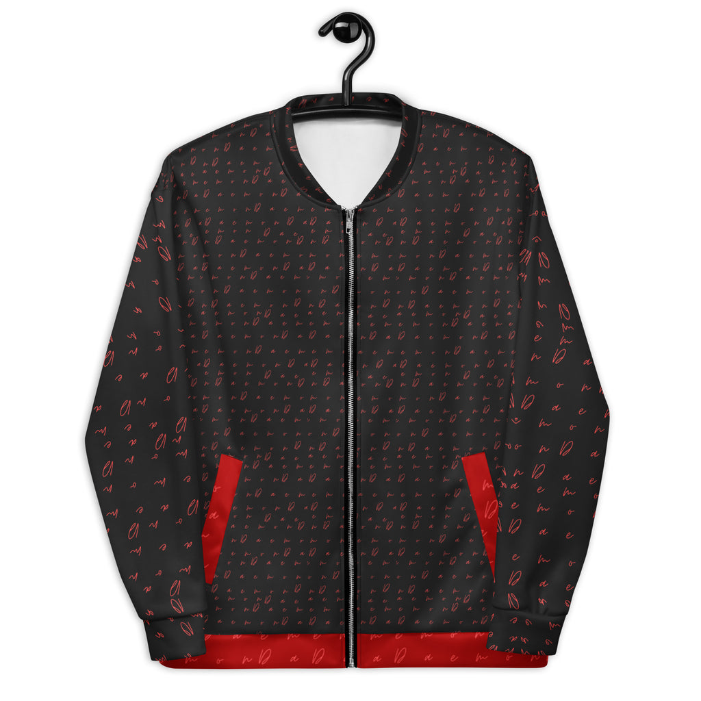 All-over print unisex bomber jacket with Picasso Mirrors design by Daemon Luxury, featuring white fabric and front view.