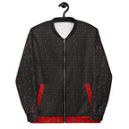 All-over print unisex bomber jacket with Picasso Mirrors design by Daemon Luxury, featuring white fabric and front view.