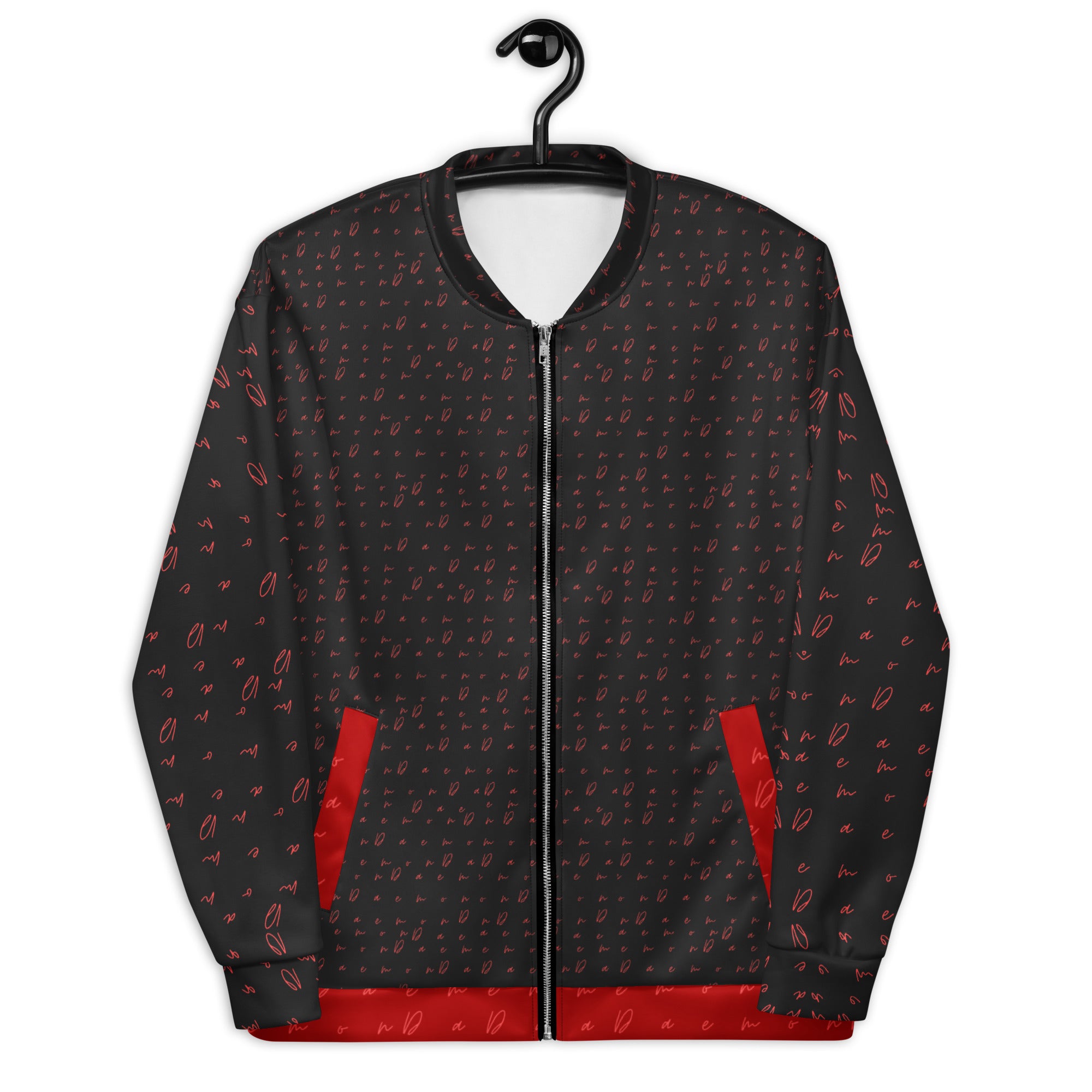 All-over print unisex bomber jacket with Picasso Mirrors design by Daemon Luxury, featuring white fabric and front view.