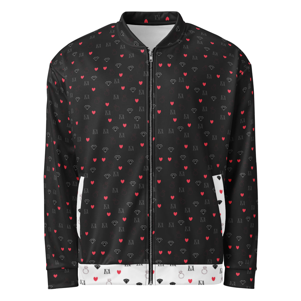 Unisex Diamanti Maculati Ombra bomber jacket by Daemon Luxury with all-over white print, front view showing stylish design.
