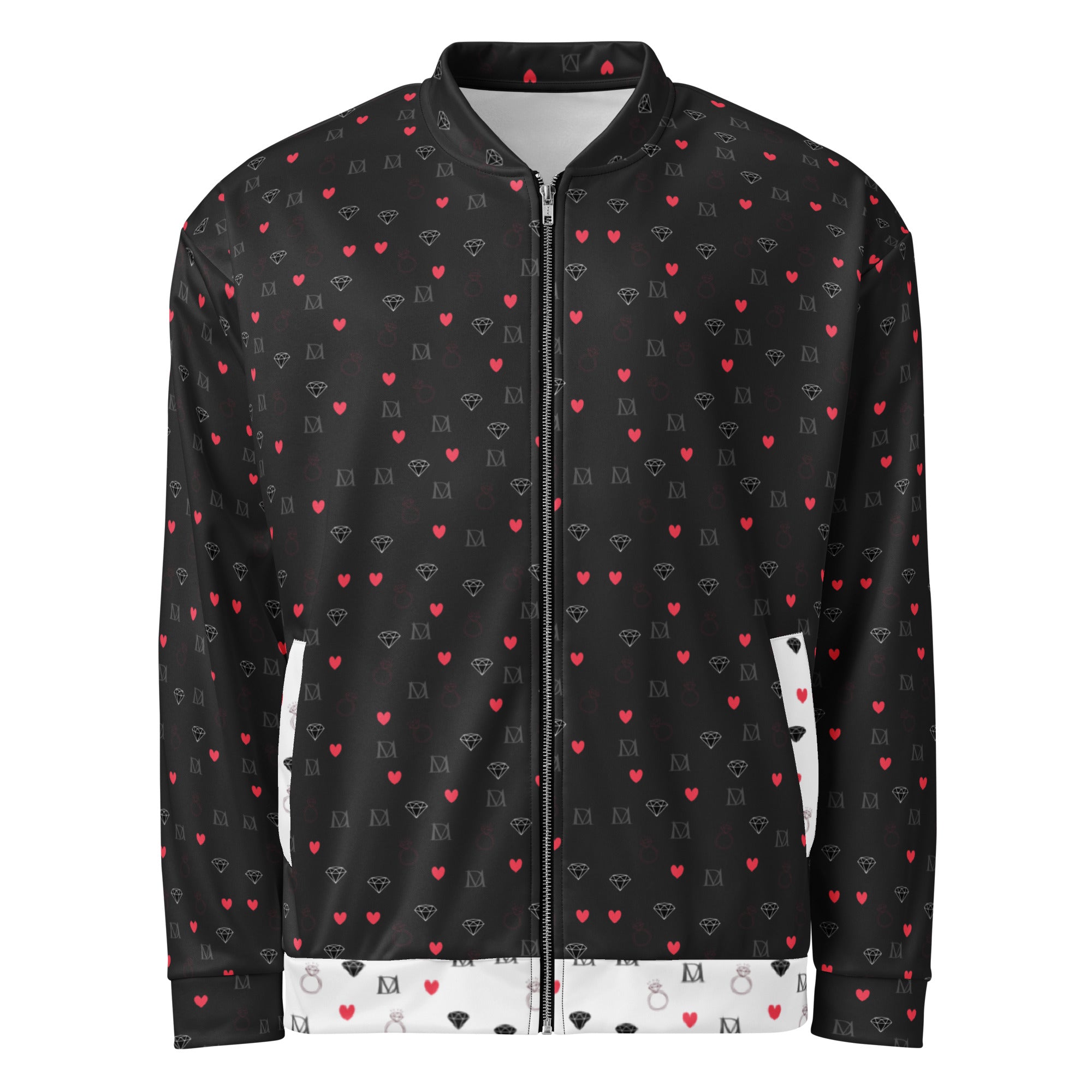Unisex Diamanti Maculati Ombra bomber jacket by Daemon Luxury with all-over white print, front view showing stylish design.