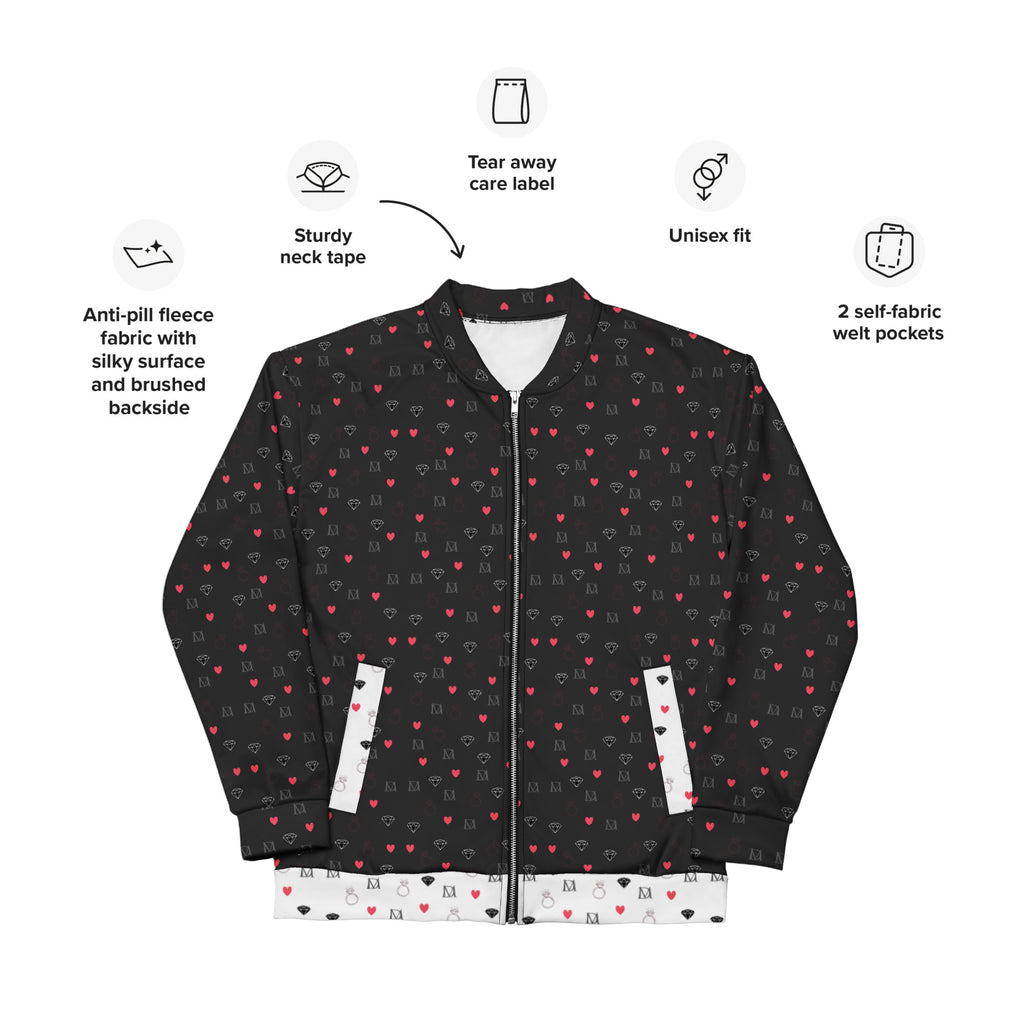 Daemon Luxury Diamanti Maculati Ombra unisex bomber jacket with all-over white print, stylish and modern outerwear.