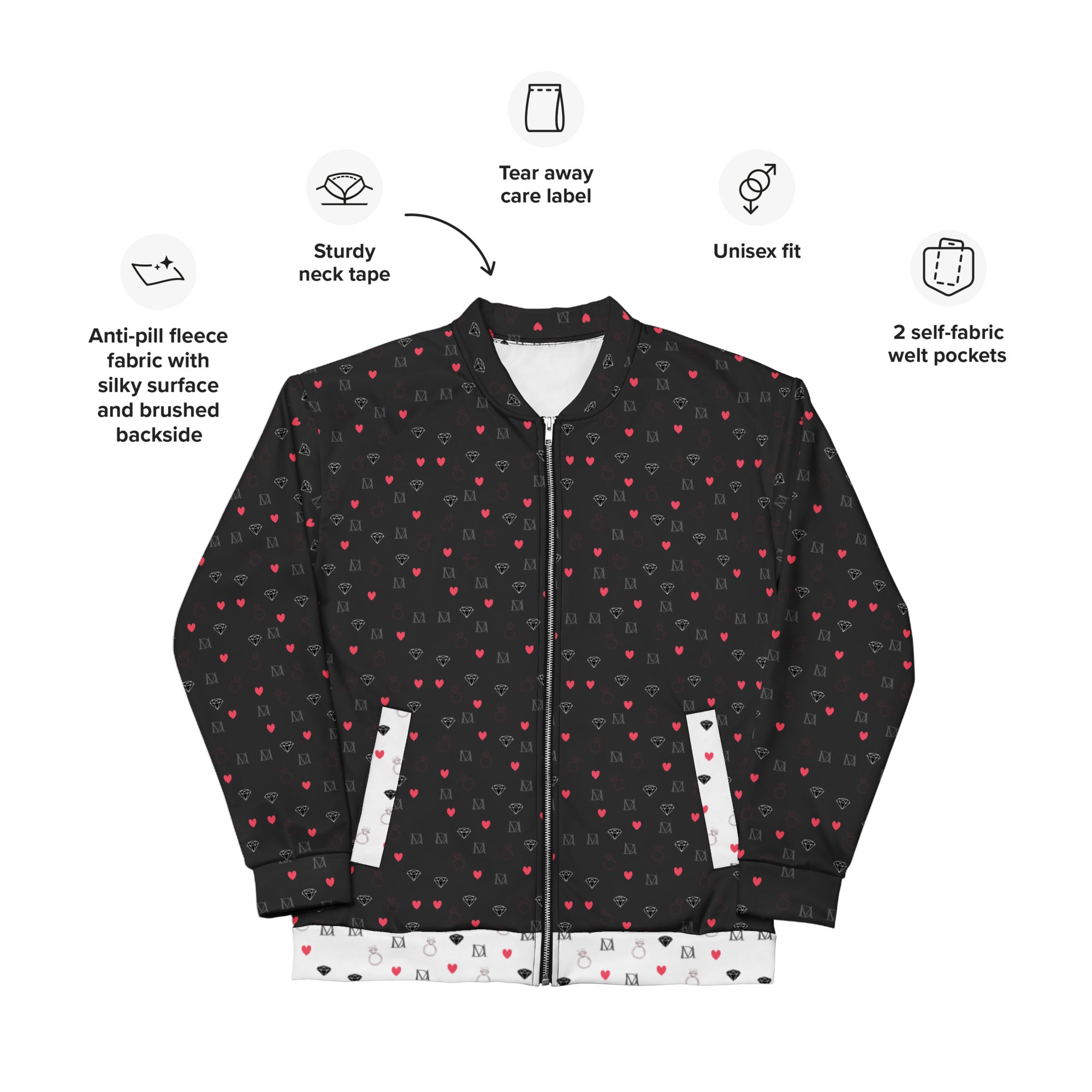 Daemon Luxury Diamanti Maculati Ombra unisex bomber jacket with all-over white print, stylish and modern outerwear.