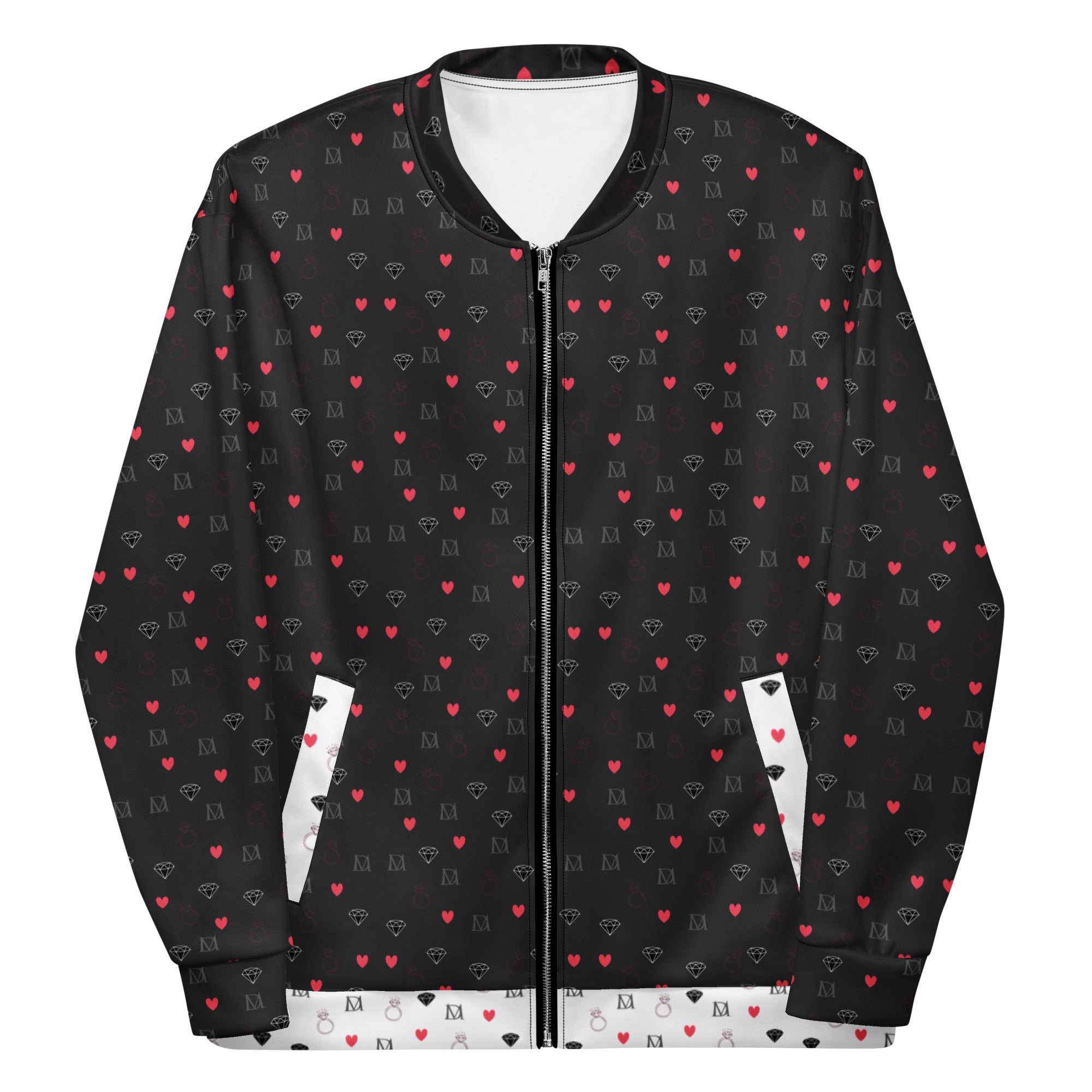 Daemon Luxury Diamanti Maculati (Ombra) unisex bomber jacket with all-over white print and stylish design.