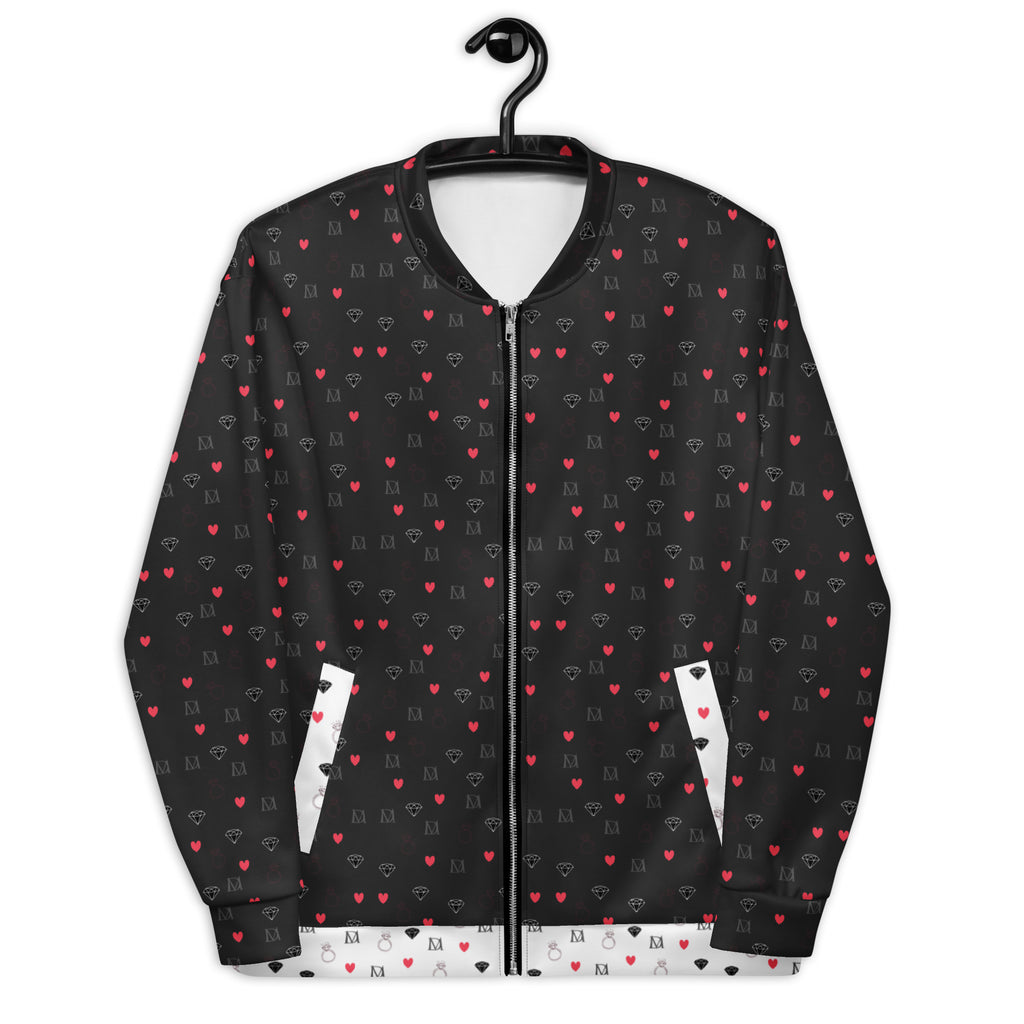 Unisex bomber jacket by Daemon Luxury with a white all-over-print Diamanti Maculati (Ombra) design, front view.
