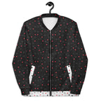 Unisex bomber jacket by Daemon Luxury with a white all-over-print Diamanti Maculati (Ombra) design, front view.