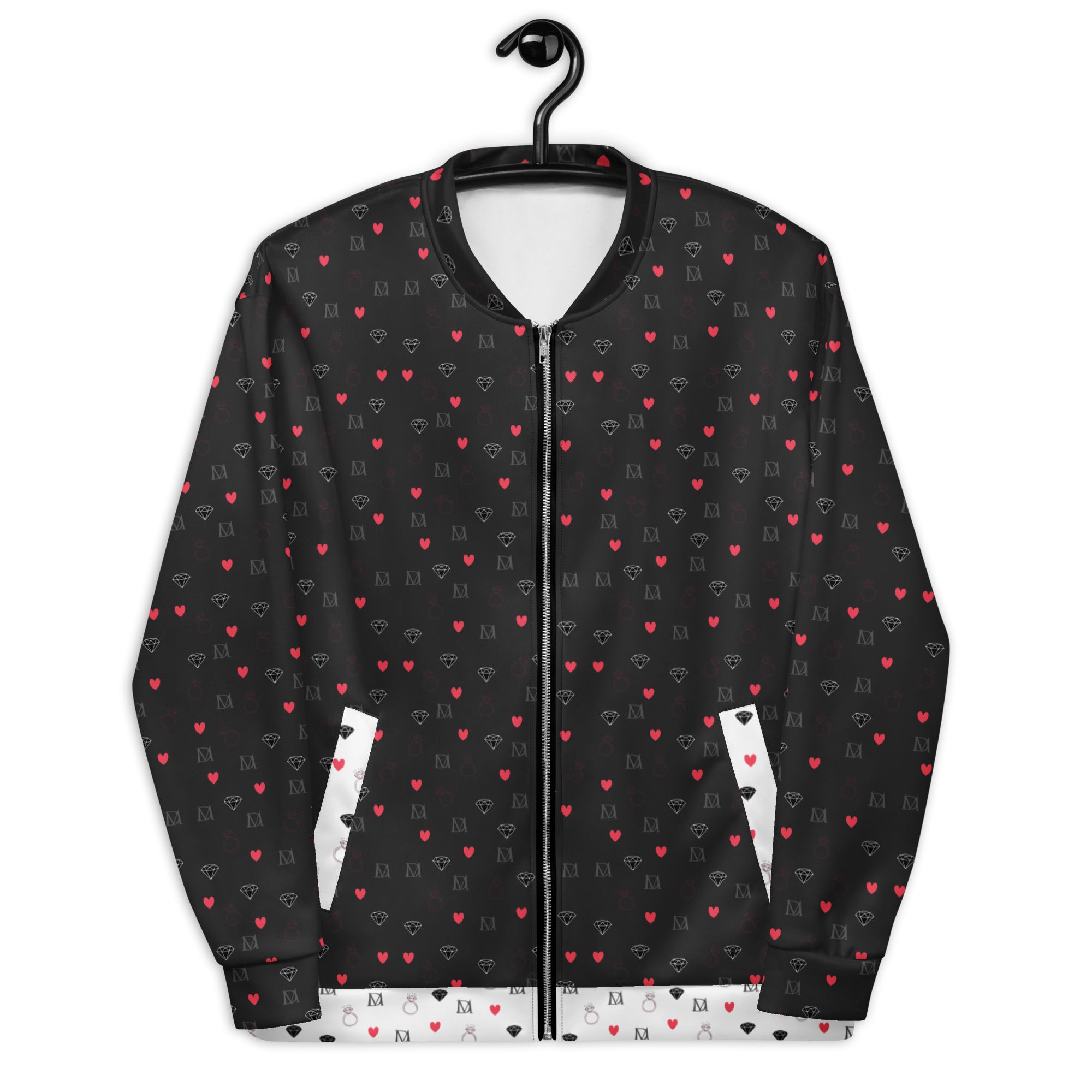 Unisex bomber jacket by Daemon Luxury with a white all-over-print Diamanti Maculati (Ombra) design, front view.