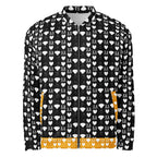 Unisex white bomber jacket with all-over frosted diamond print from Daemon Luxury's Camp Nito collection.