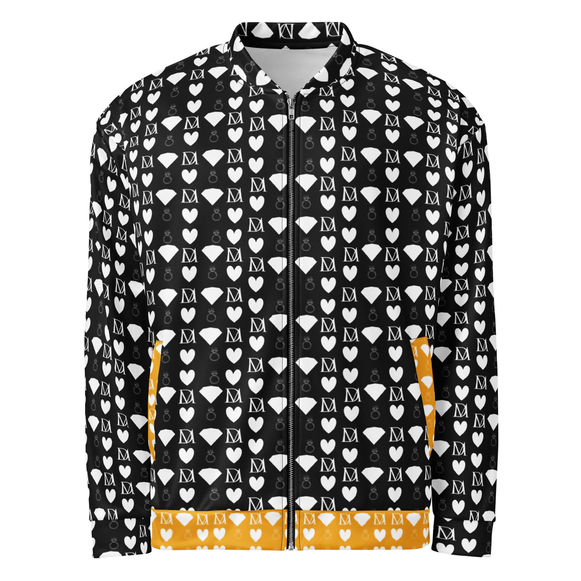 Unisex white bomber jacket with all-over frosted diamond print from Daemon Luxury's Camp Nito collection.