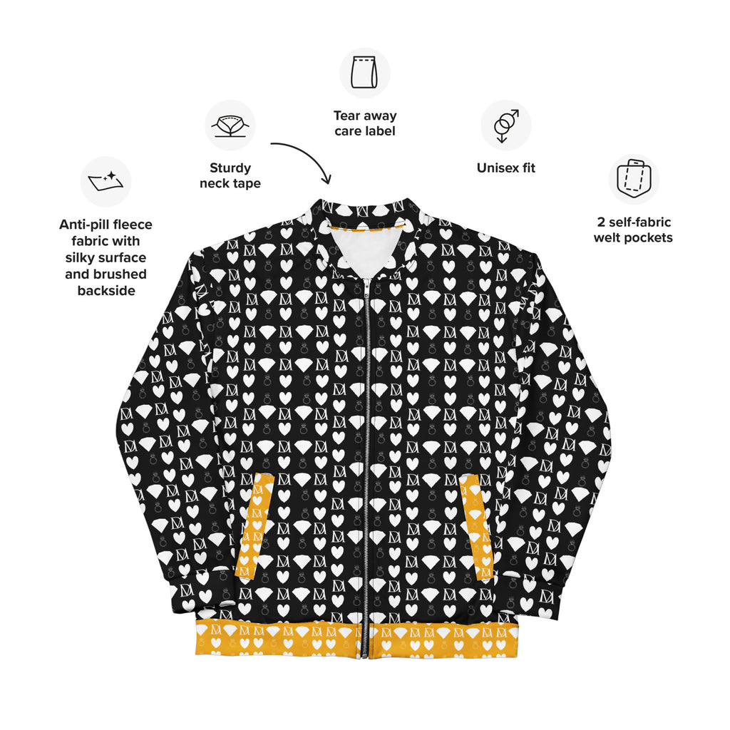 Unisex white bomber jacket with all-over frosted diamond print by Daemon Luxury, front view showing stylish design.