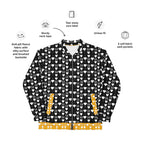 Unisex white bomber jacket with all-over frosted diamond print by Daemon Luxury, front view showing stylish design.