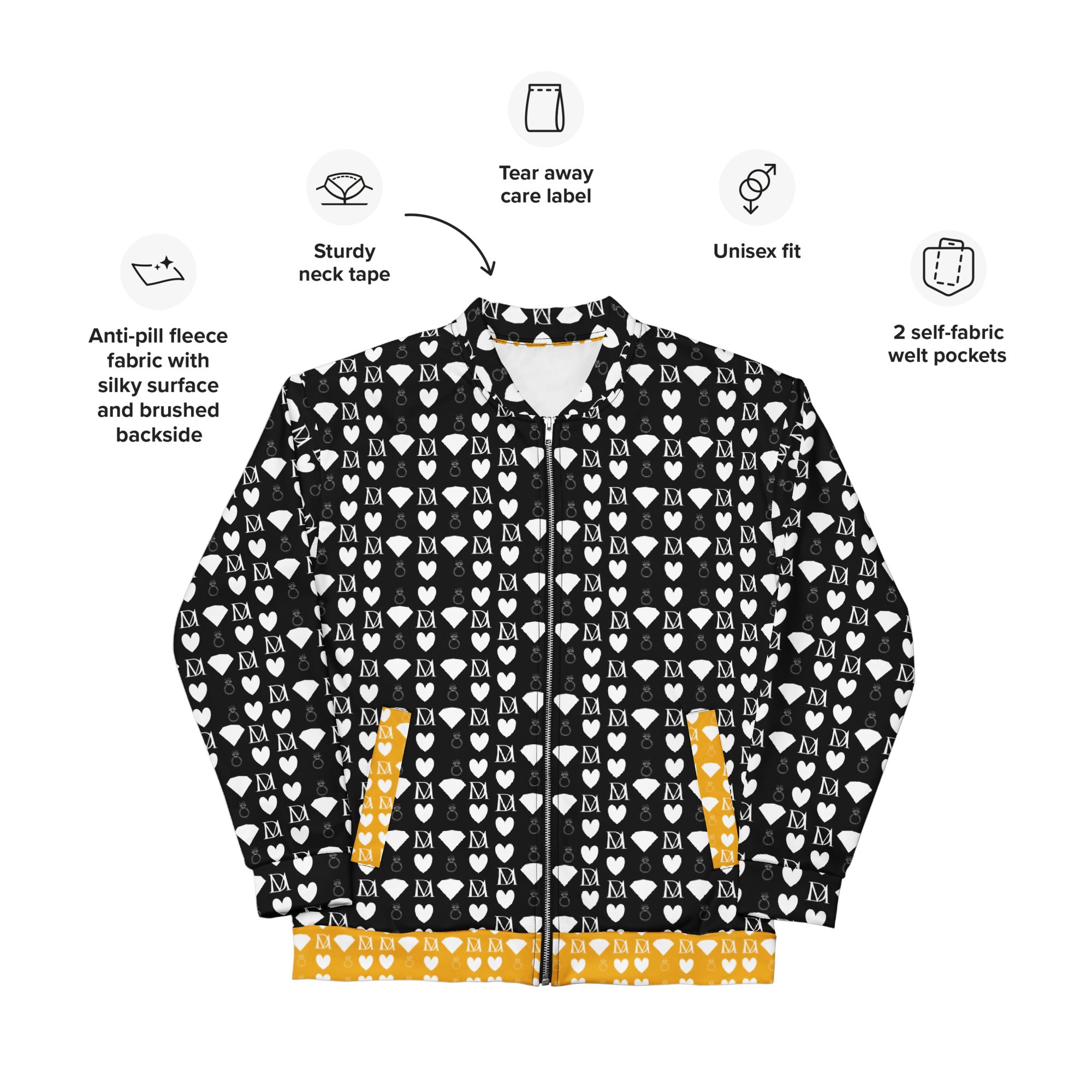 Unisex white bomber jacket with all-over frosted diamond print by Daemon Luxury, front view showing stylish design.