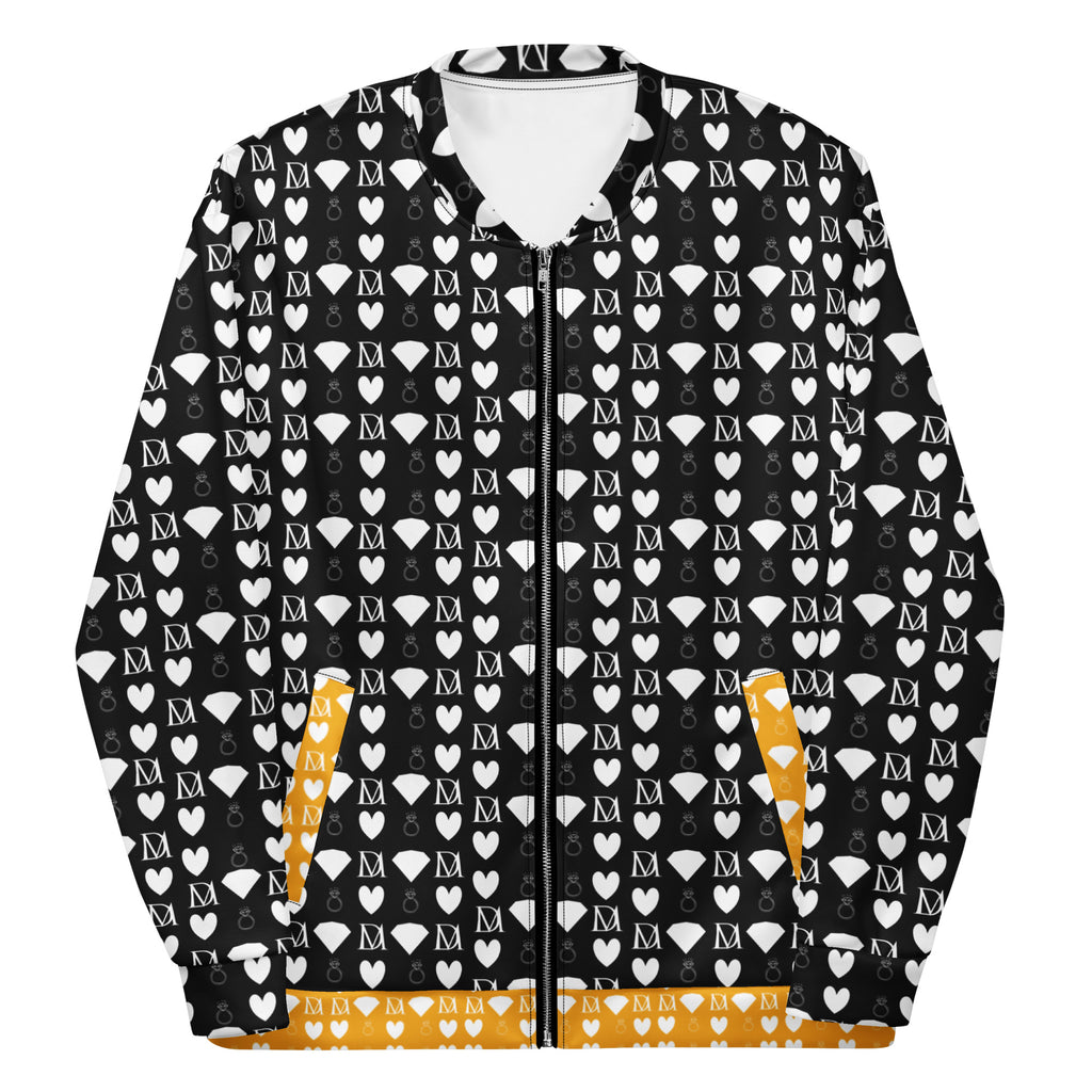 Unisex white bomber jacket with all-over frosted diamond print by Daemon Luxury, featuring a stylish, modern design.
