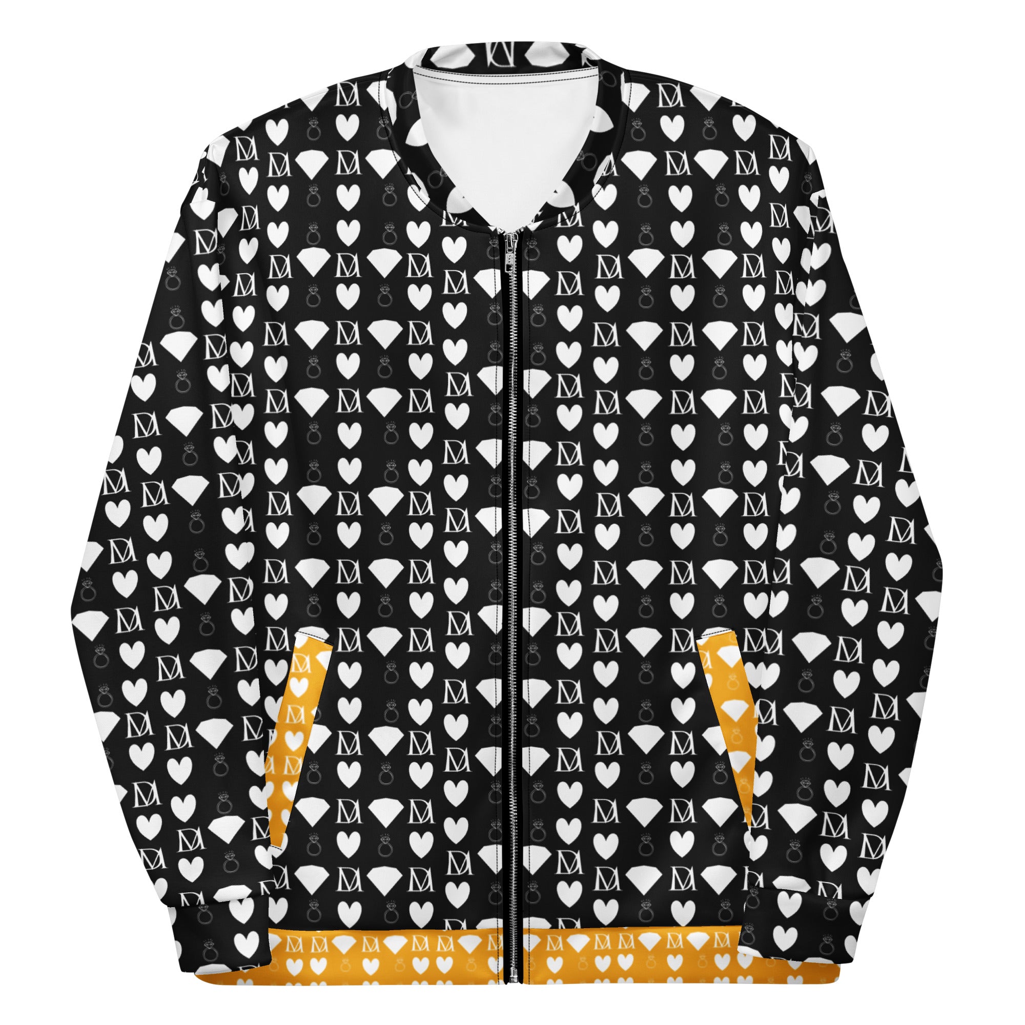 Unisex white bomber jacket with all-over frosted diamond print by Daemon Luxury, featuring a stylish, modern design.