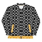 Unisex white bomber jacket with all-over frosted diamond print by Daemon Luxury, front view showing stylish design.