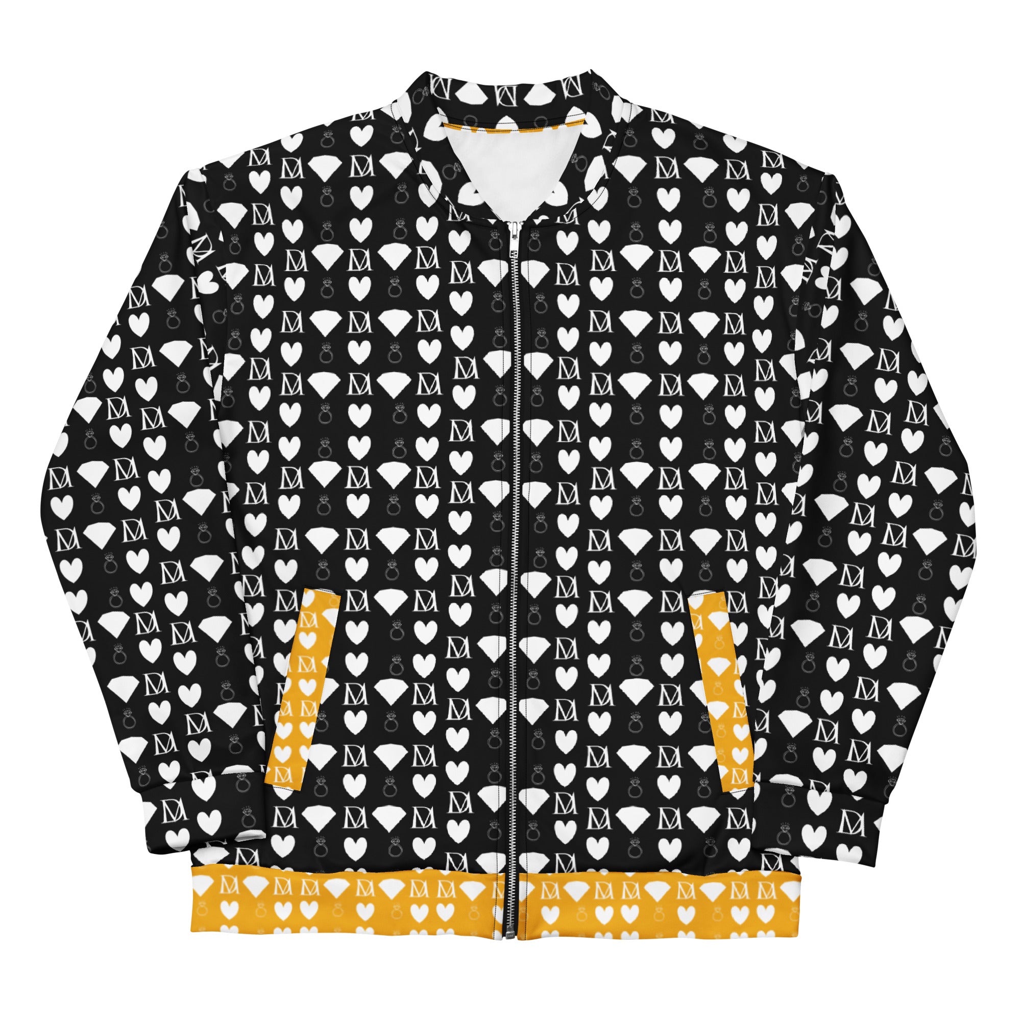 Unisex white bomber jacket with all-over frosted diamond print by Daemon Luxury, front view showing stylish design.