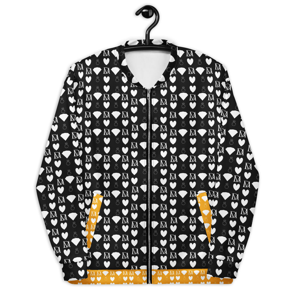 Unisex white bomber jacket with all-over frosted diamond print by Daemon Luxury, front view.