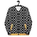 Unisex white bomber jacket with all-over frosted diamond print by Daemon Luxury, front view.