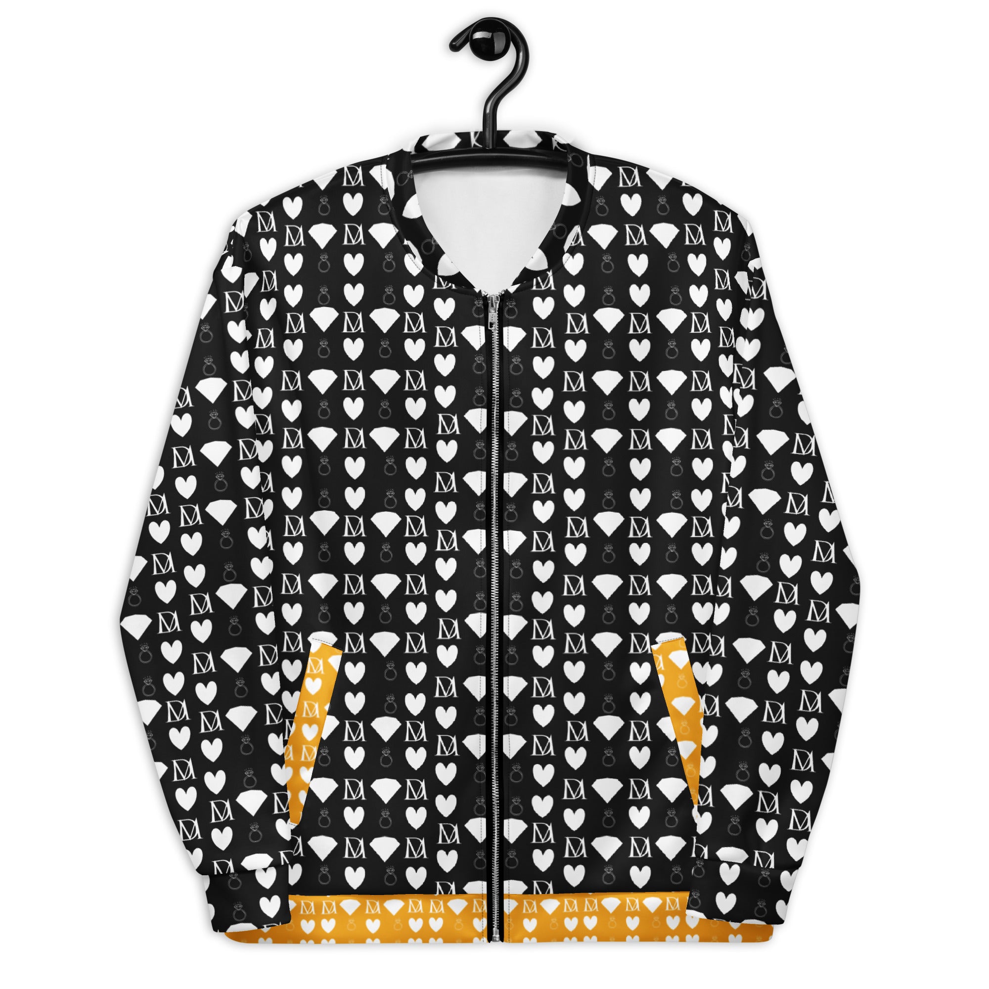 Unisex white bomber jacket with all-over frosted diamond print by Daemon Luxury, front view.