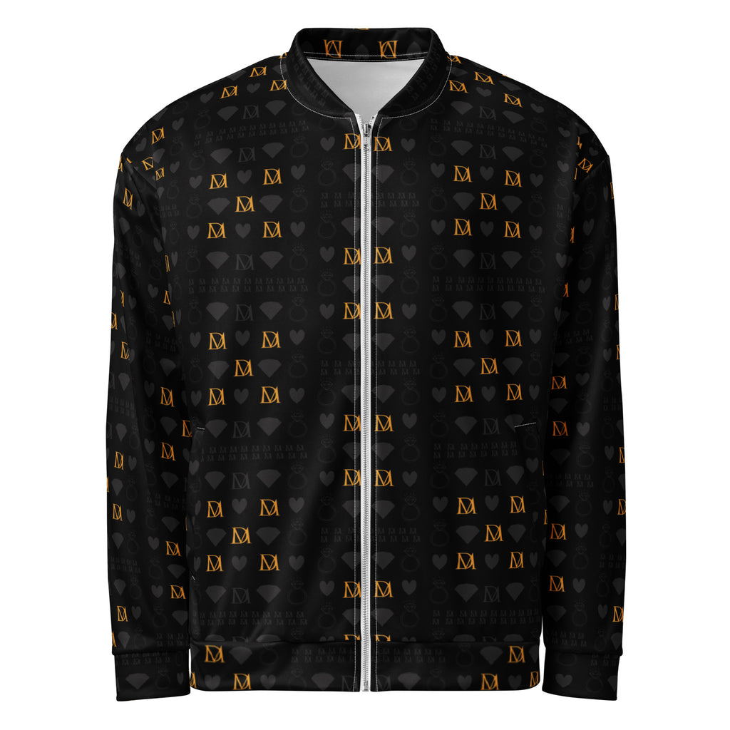 All-over print unisex bomber jacket featuring frosted diamond gold tender design on a white background by Daemon Luxury.