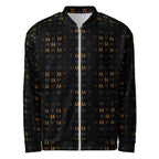 All-over print unisex bomber jacket featuring frosted diamond gold tender design on a white background by Daemon Luxury.