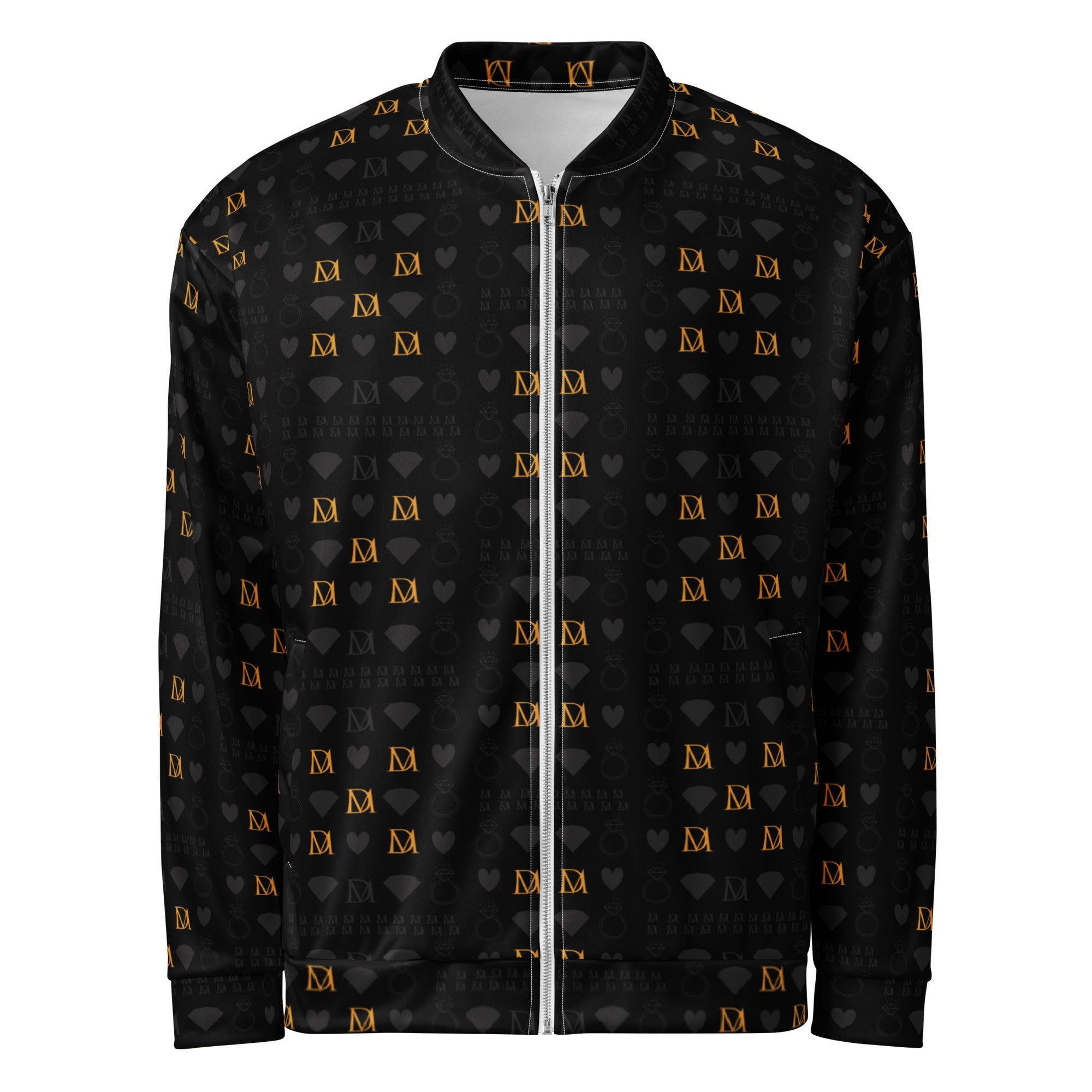 All-over print unisex bomber jacket featuring frosted diamond gold tender design on a white background by Daemon Luxury.