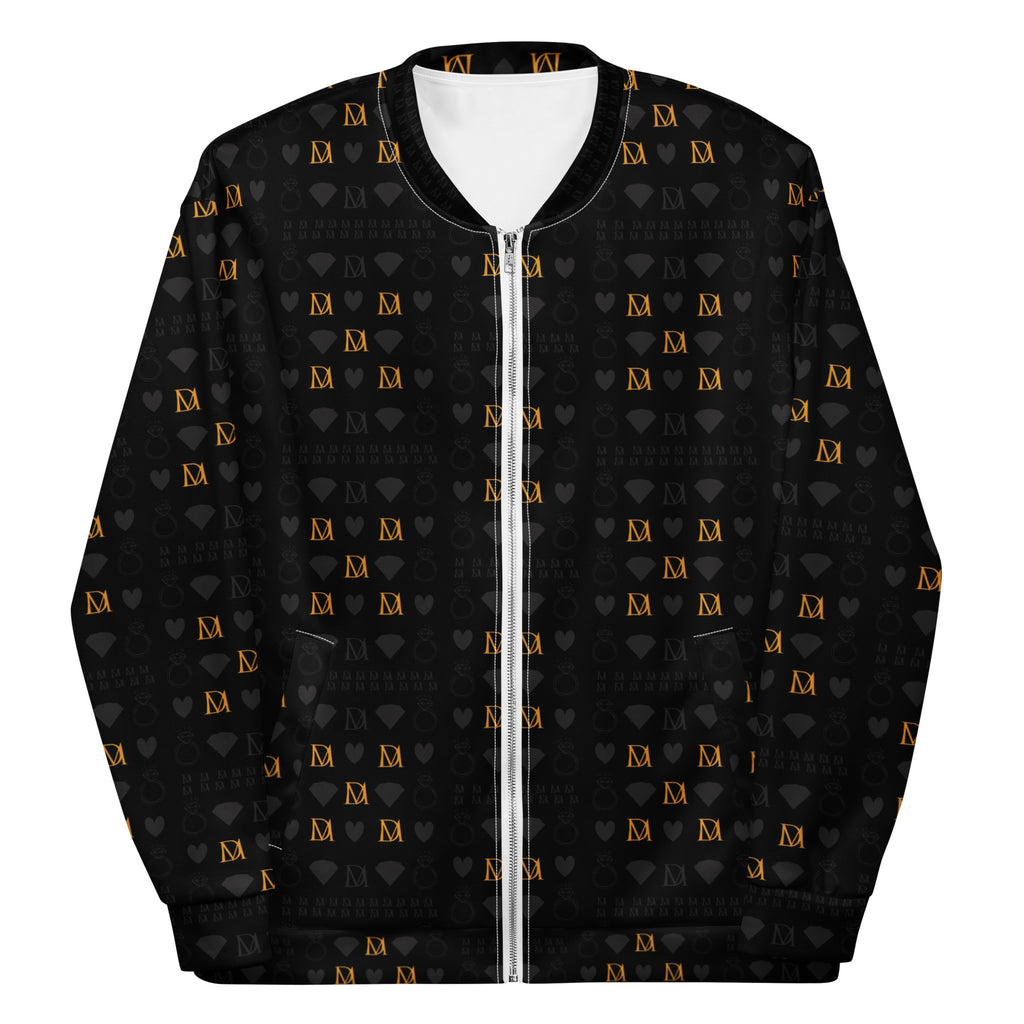 Unisex bomber jacket with all-over white print featuring frosted diamond and gold accents from Daemon Luxury.