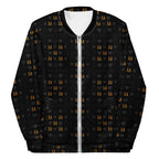 Unisex bomber jacket with all-over white print featuring frosted diamond and gold accents from Daemon Luxury.