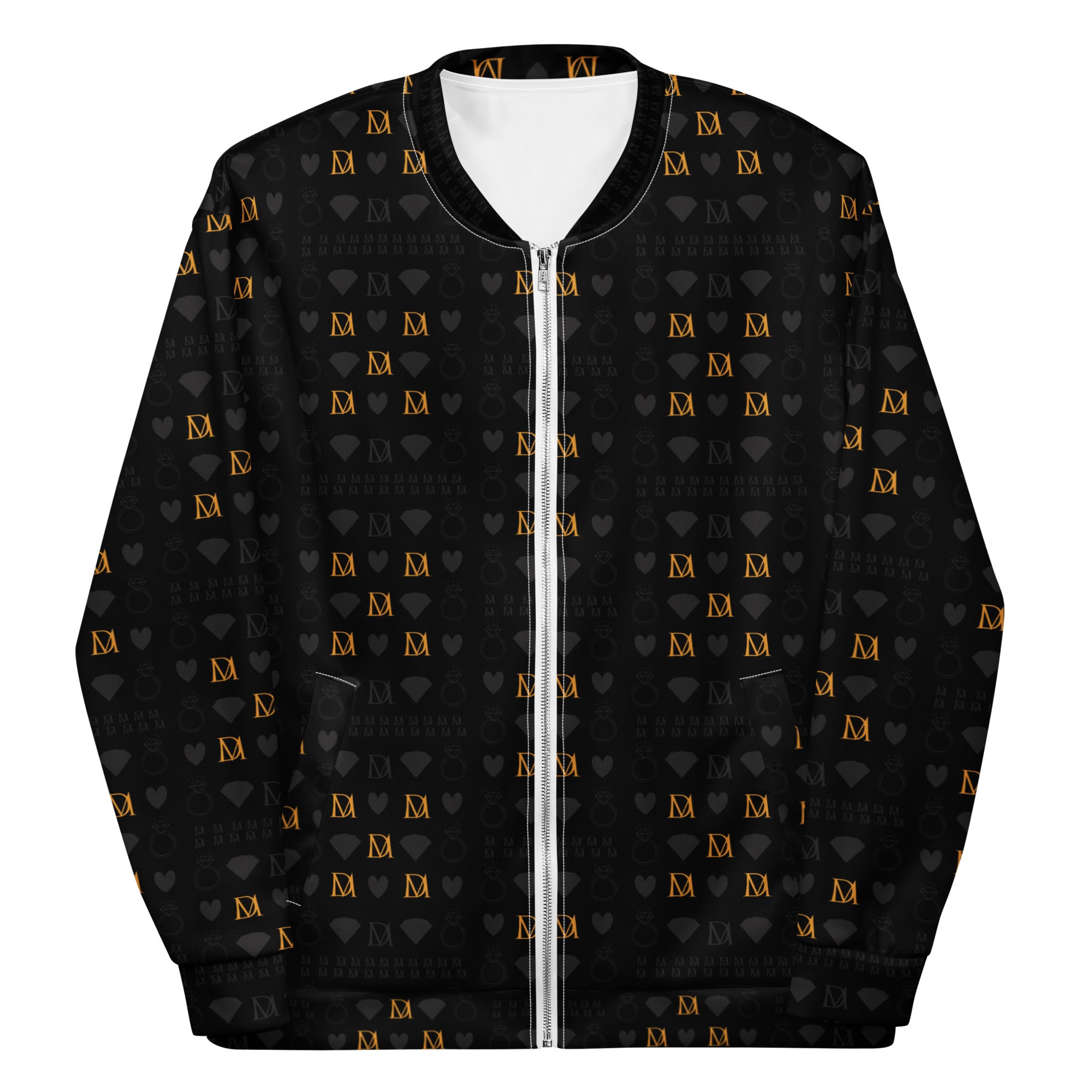 Unisex bomber jacket with all-over white print featuring frosted diamond and gold accents from Daemon Luxury.