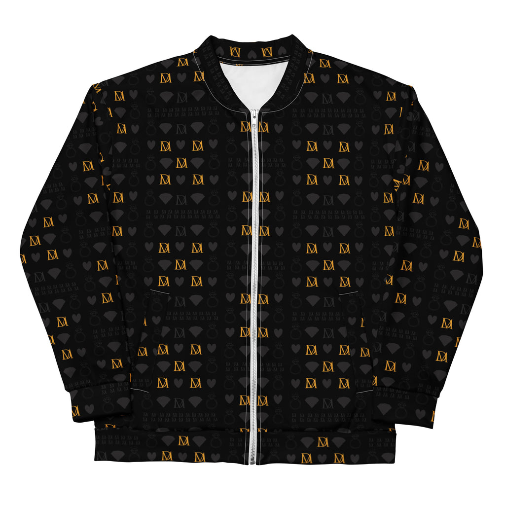 Unisex bomber jacket with all-over frosted diamond gold tender print from Daemon Luxury on a white background.