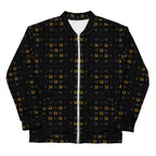 Unisex bomber jacket with all-over frosted diamond gold tender print from Daemon Luxury on a white background.