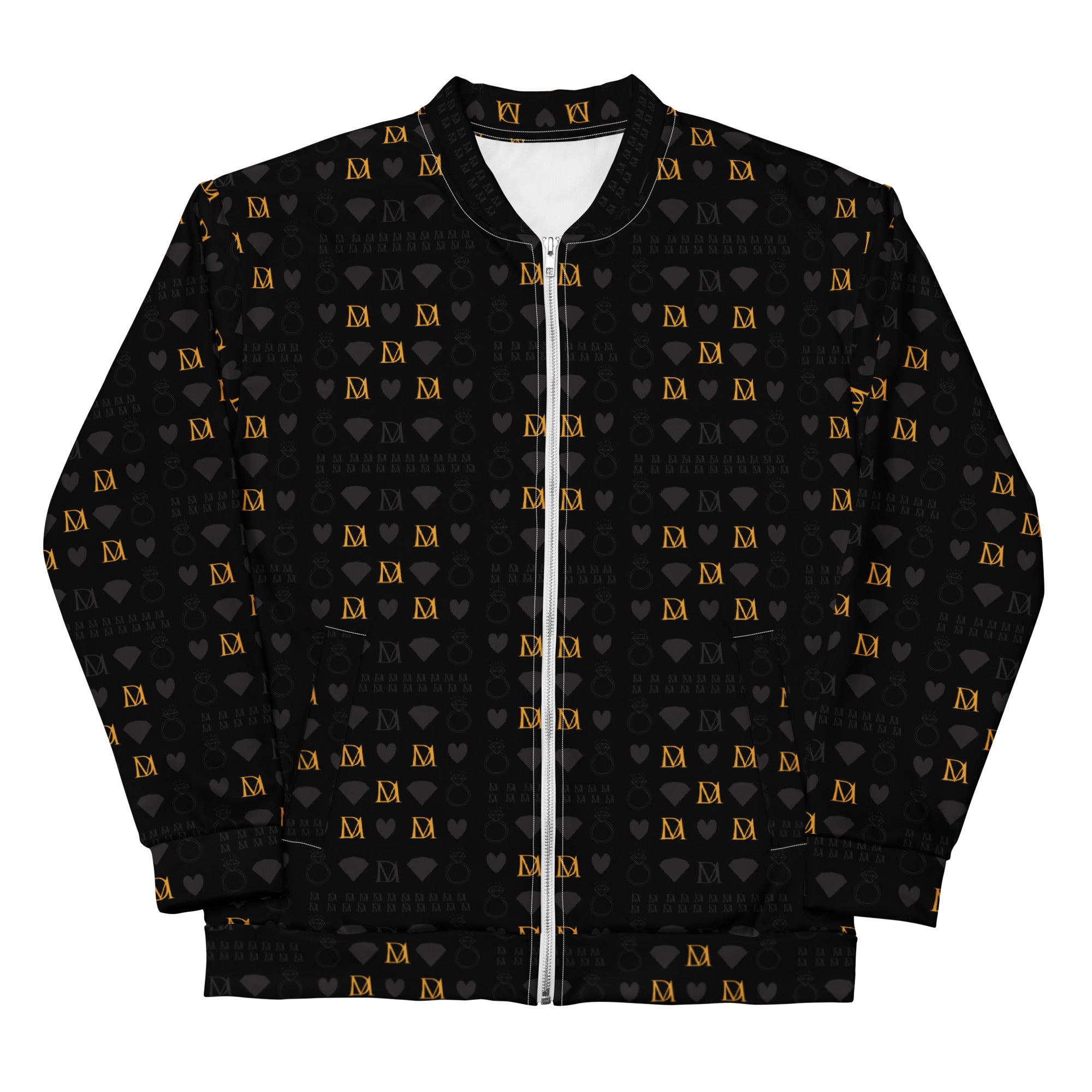 Unisex bomber jacket with all-over frosted diamond gold tender print from Daemon Luxury on a white background.