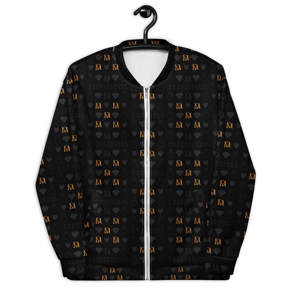 Unisex bomber jacket with all-over white print featuring frosted diamond patterns and gold accents by Daemon Luxury.