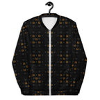 Unisex bomber jacket with all-over white print featuring frosted diamond patterns and gold accents by Daemon Luxury.