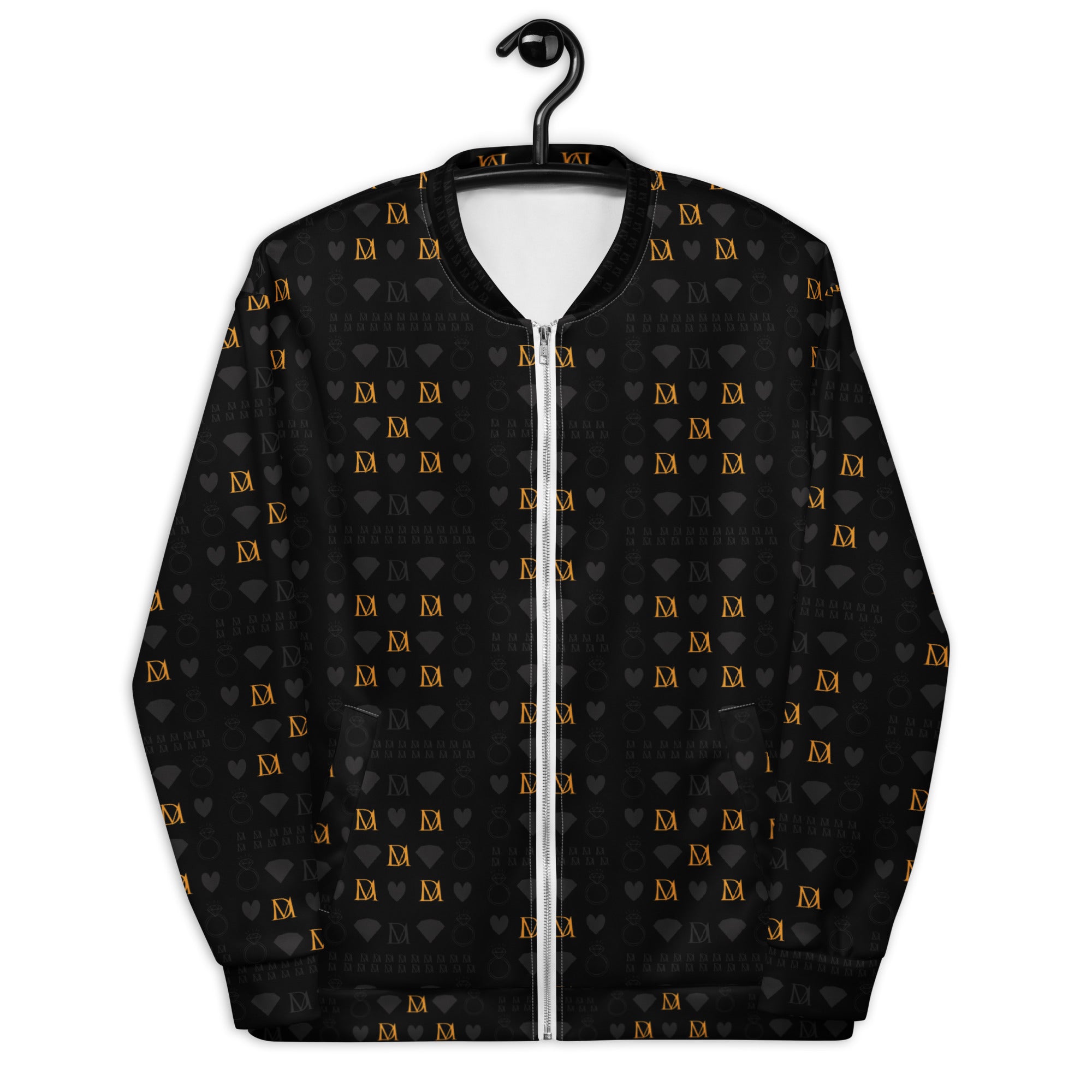Unisex bomber jacket with all-over white print featuring frosted diamond patterns and gold accents by Daemon Luxury.