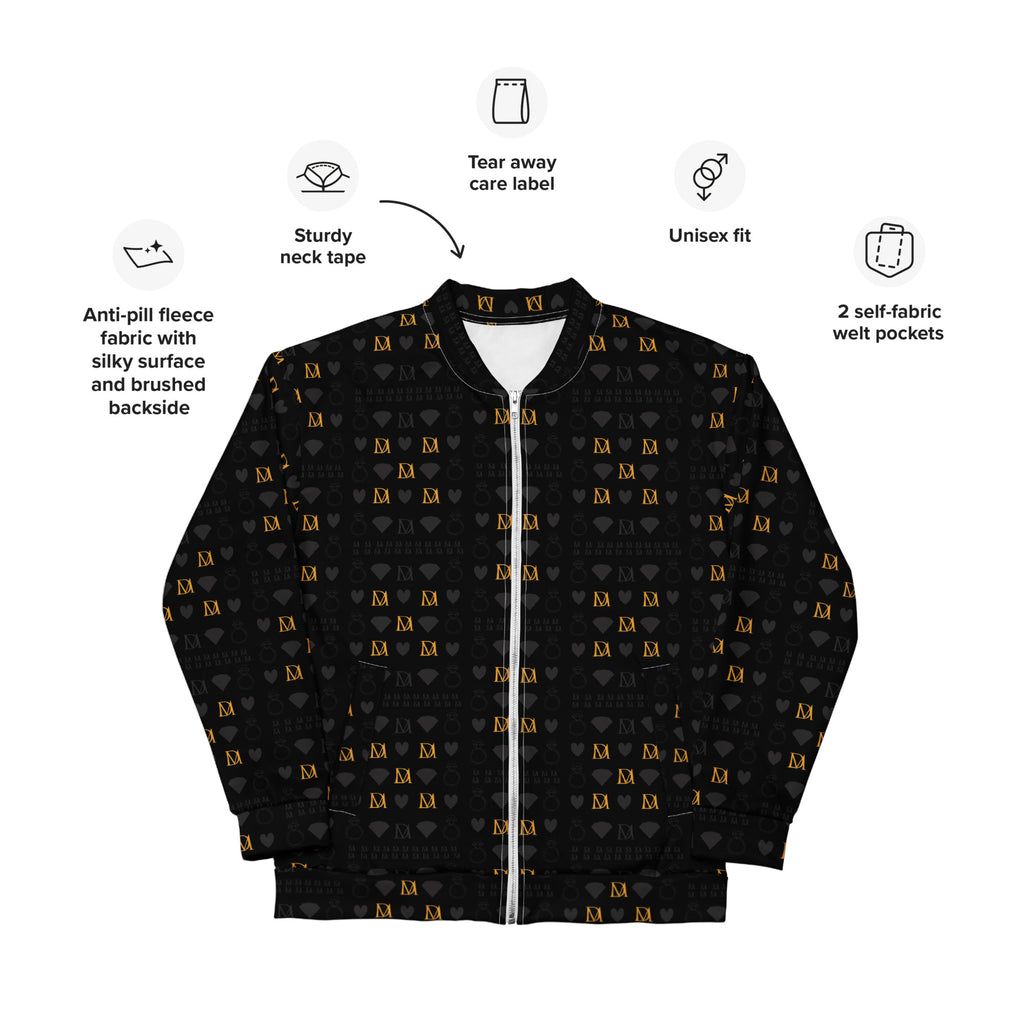 Unisex bomber jacket by Daemon Luxury with all-over frosted diamond gold tender print on white background.
