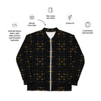 Unisex bomber jacket by Daemon Luxury with all-over frosted diamond gold tender print on white background.