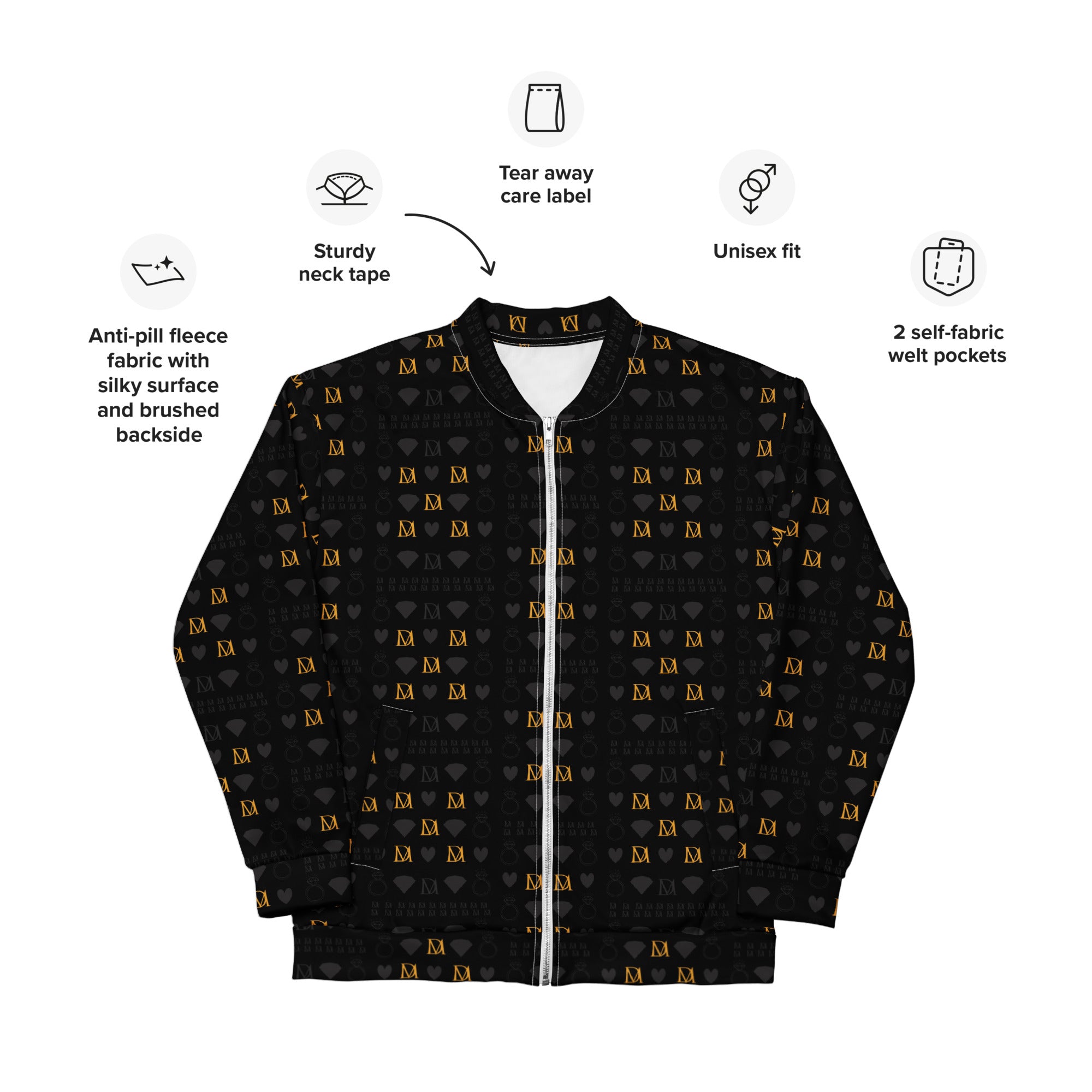Unisex bomber jacket by Daemon Luxury with all-over frosted diamond gold tender print on white background.