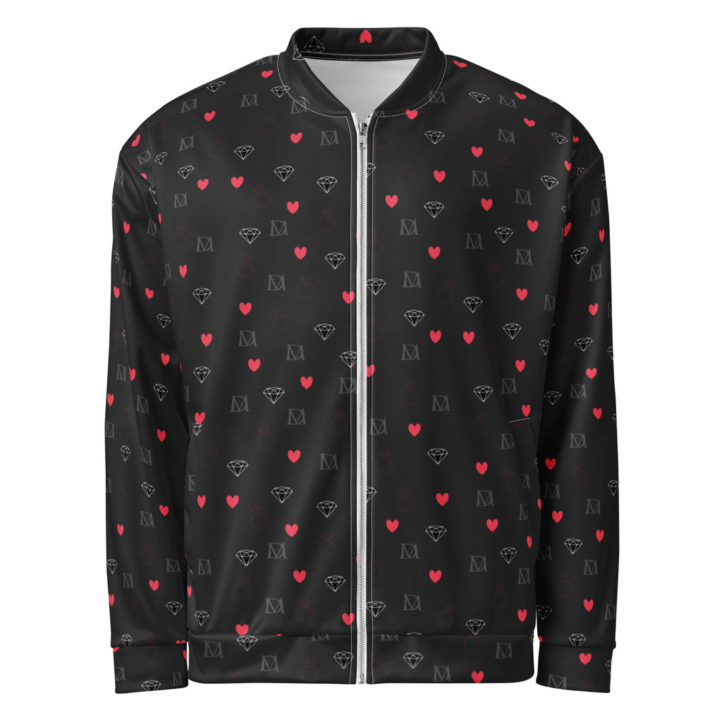 Unisex white bomber jacket with all-over speckled diamond print by Daemon Luxury, stylish and modern outerwear.