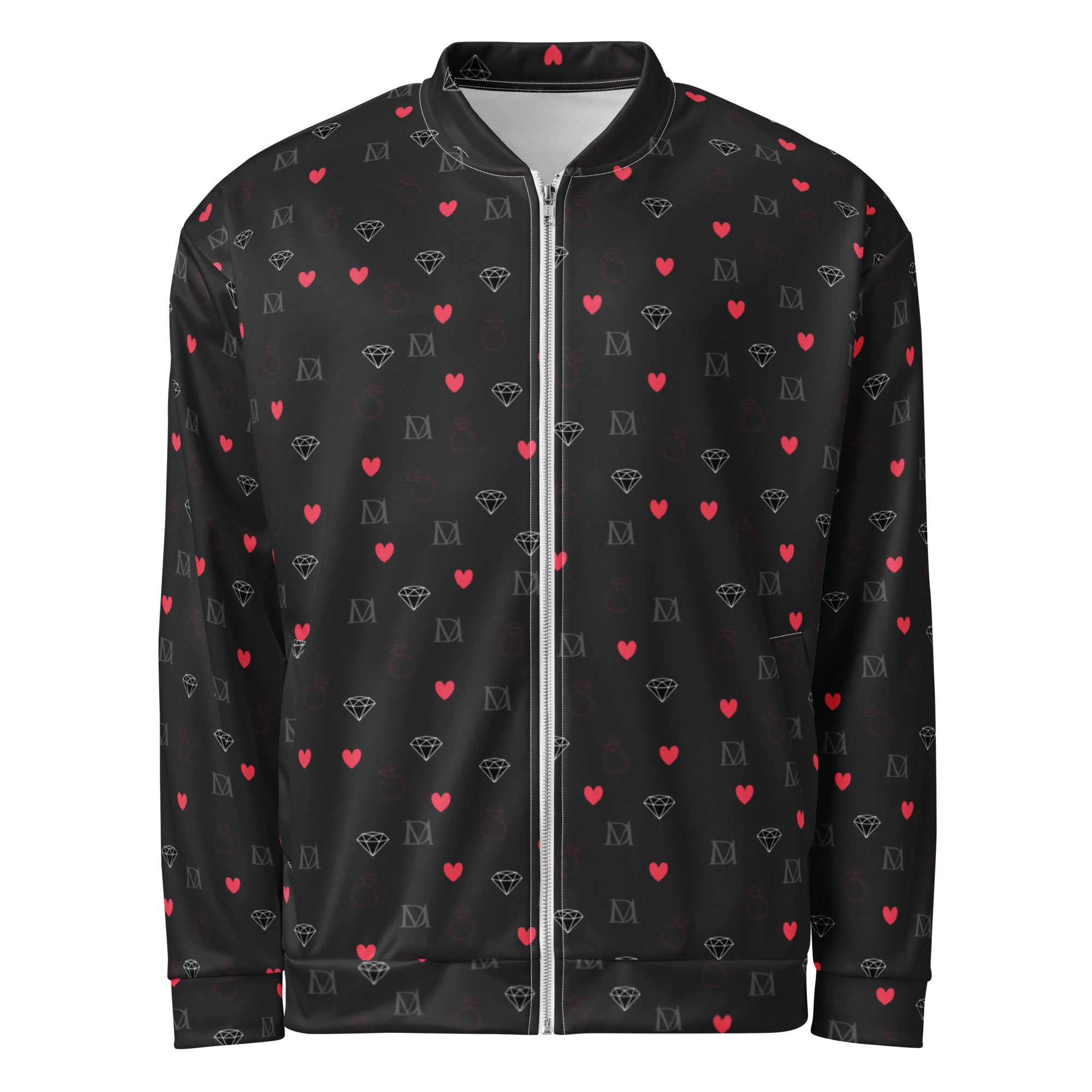 Unisex white bomber jacket with all-over speckled diamond print by Daemon Luxury, stylish and modern outerwear.