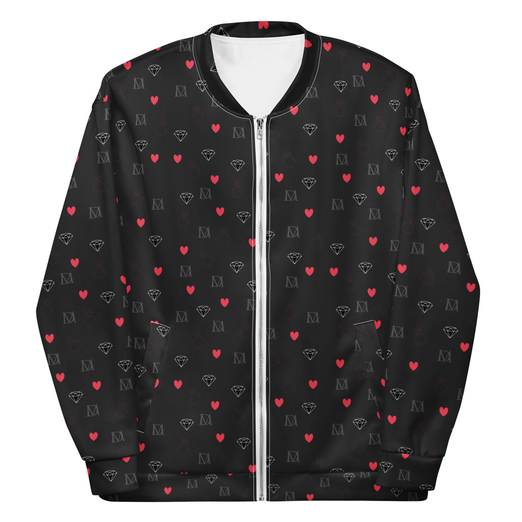 Unisex white bomber jacket with speckled diamond pattern from Daemon Luxury's NEMESIS collection, front view.